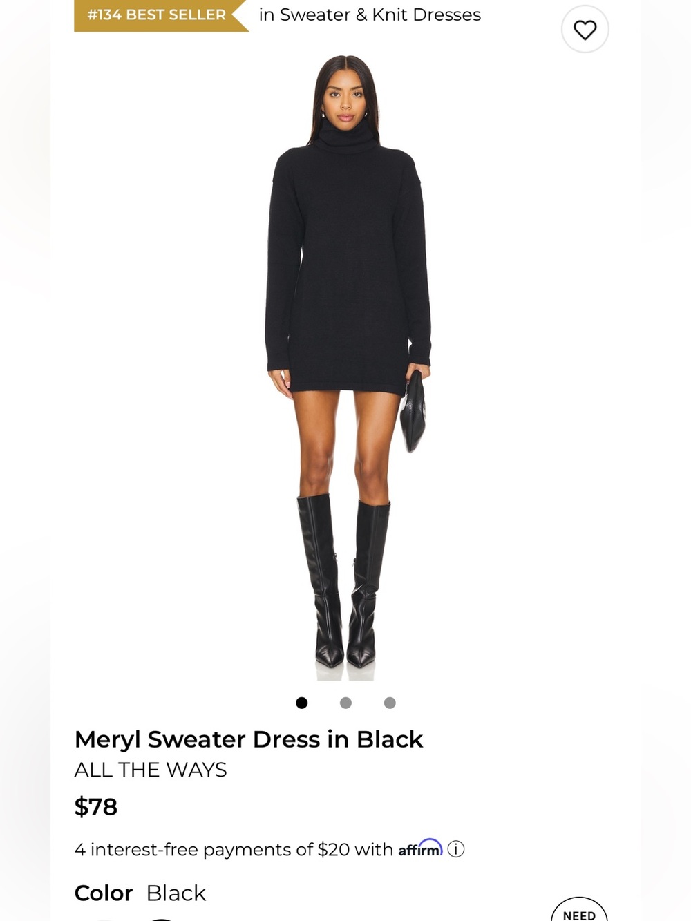 All the Ways- Meryl Black Turtleneck Sweater Dress NWT